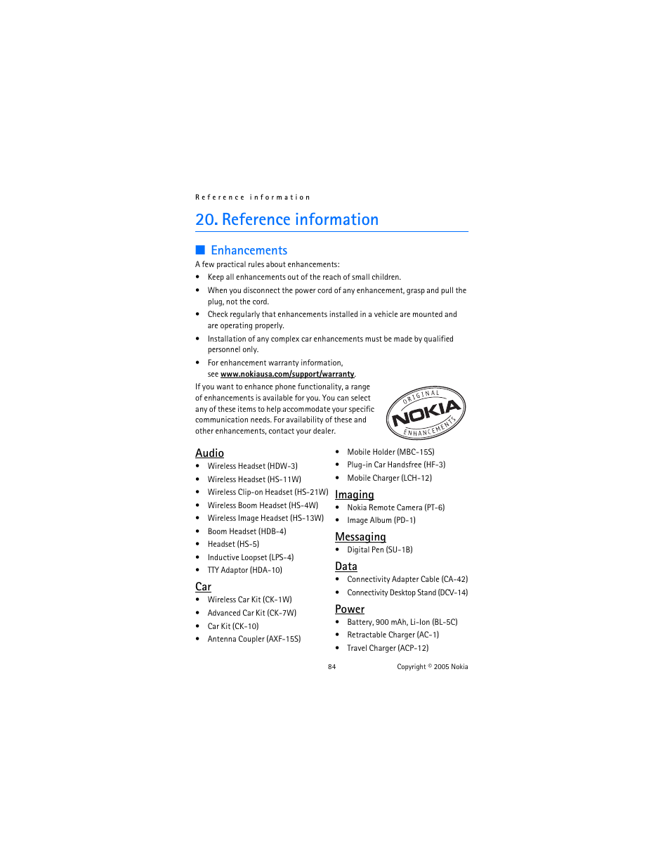 Reference information, Enhancements, Audio | Imaging, Messaging, Data, Power | Nokia 6822 User Manual | Page 85 / 225