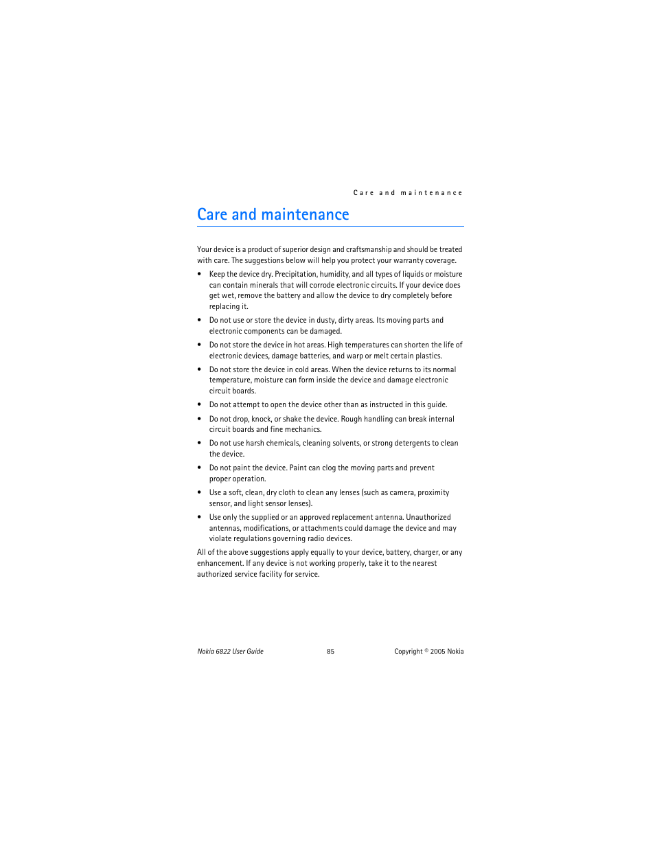 Care and maintenance | Nokia 6822 User Manual | Page 86 / 225