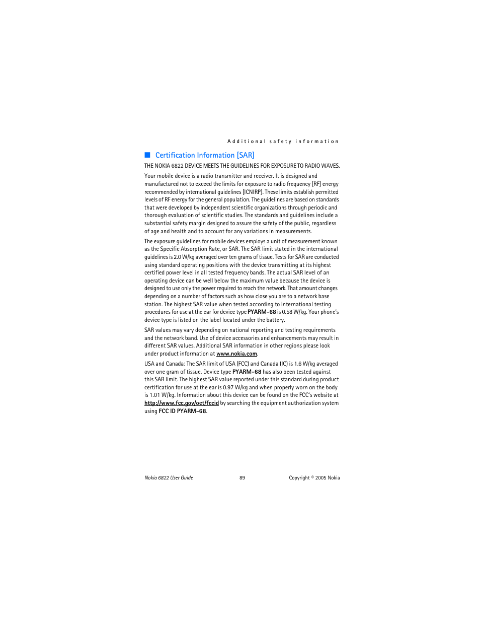 Certification information [sar | Nokia 6822 User Manual | Page 90 / 225