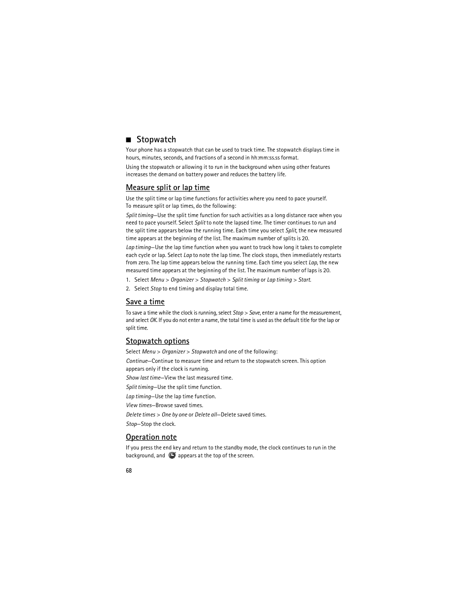 Stopwatch, Measure split or lap time, Save a time | Stopwatch options | Nokia 6275i User Manual | Page 101 / 209