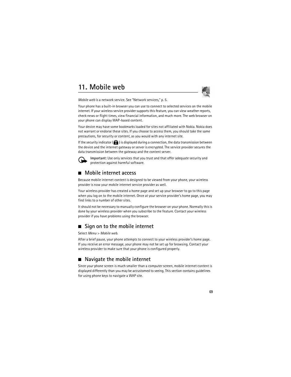 Mobile web, Mobile internet access, Sign on to the mobile internet | Navigate the mobile internet | Nokia 6275i User Manual | Page 102 / 209