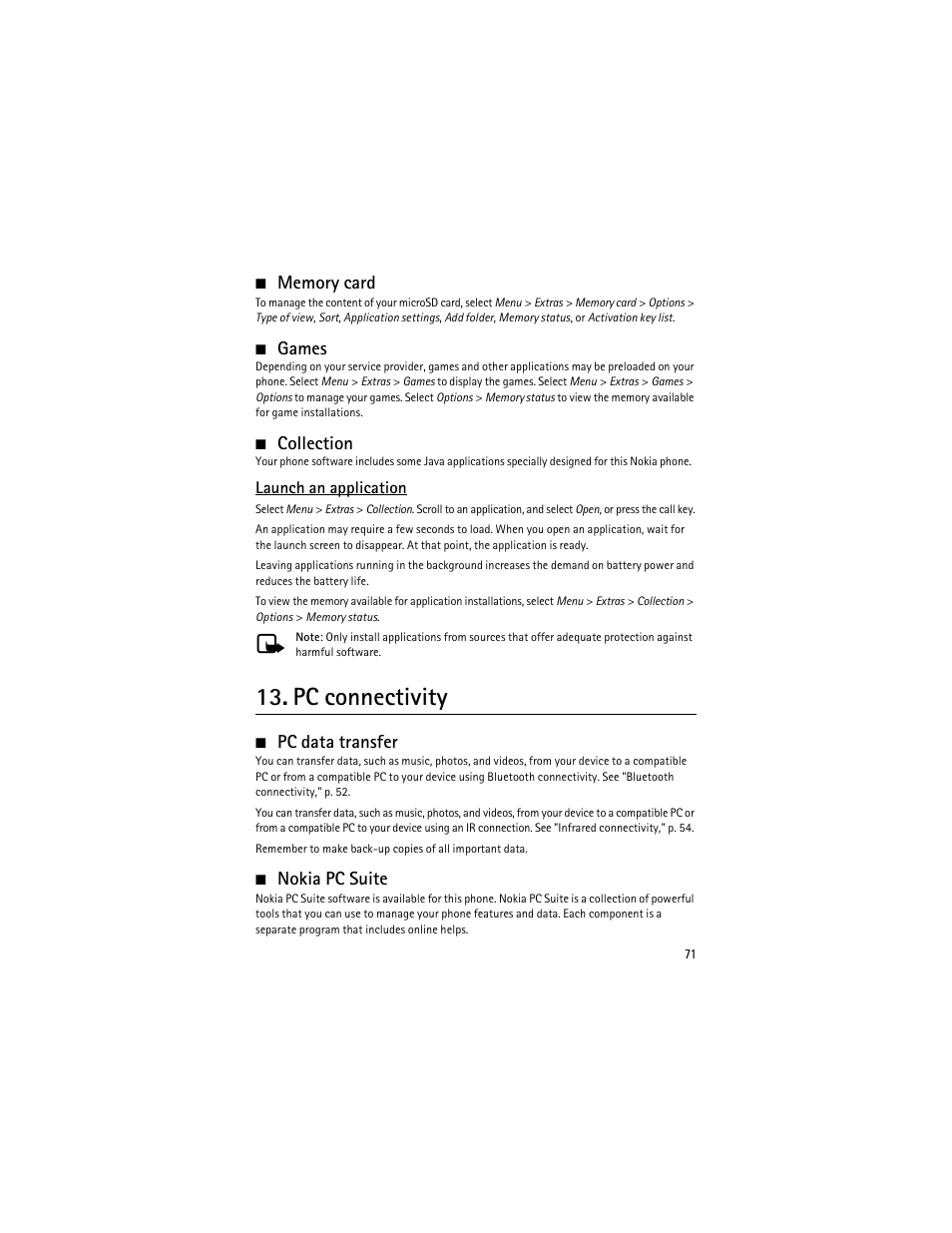 Pc connectivity, Games, Collection | Pc data transfer, Nokia pc suite | Nokia 6275i User Manual | Page 104 / 209