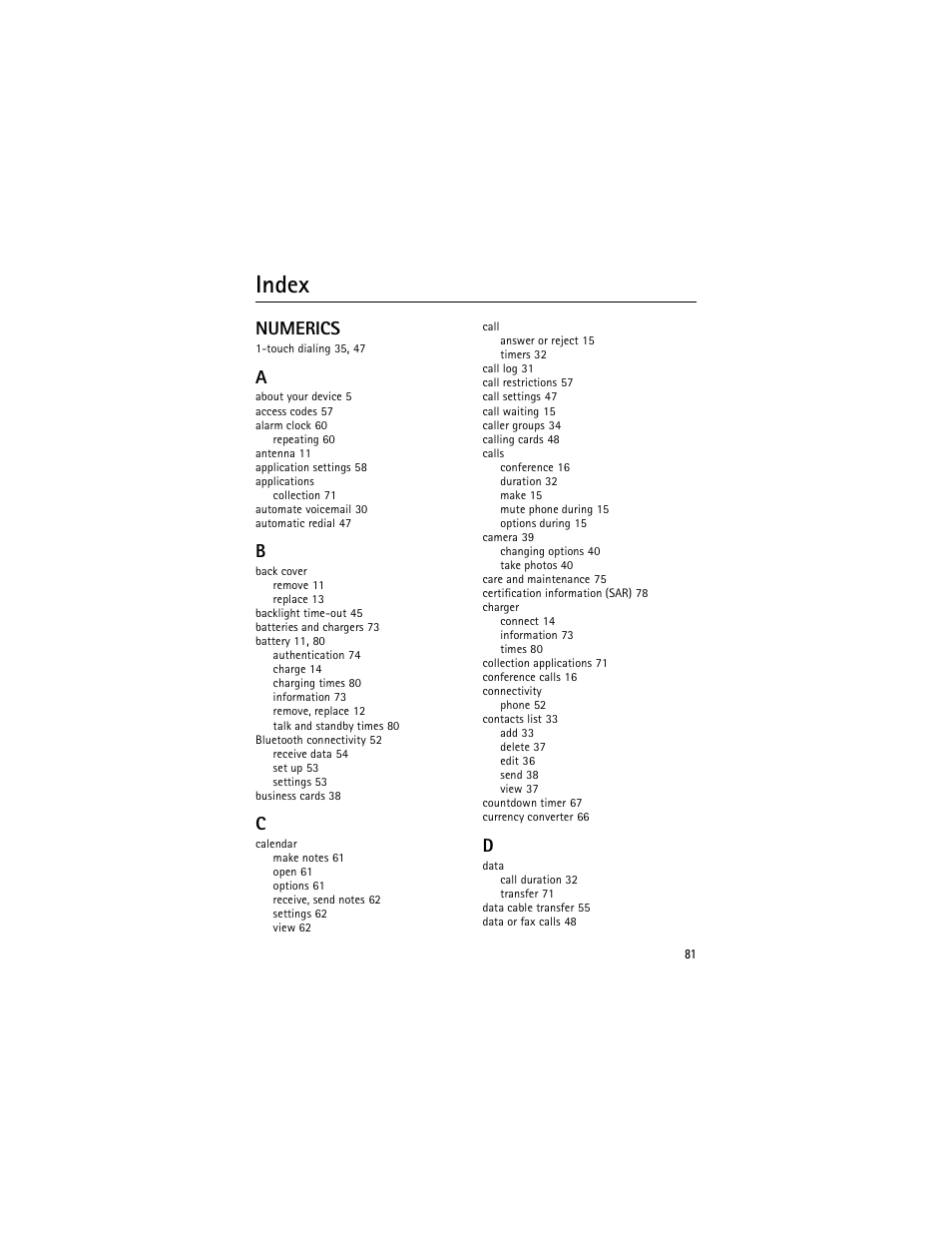 Index, Numerics | Nokia 6275i User Manual | Page 114 / 209