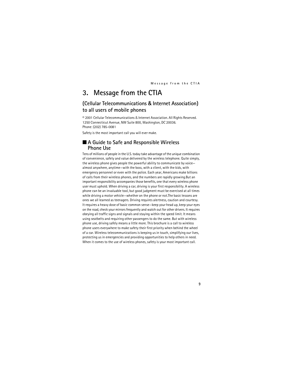 Message from the ctia, A guide to safe and responsible wireless phone use | Nokia 6275i User Manual | Page 12 / 209