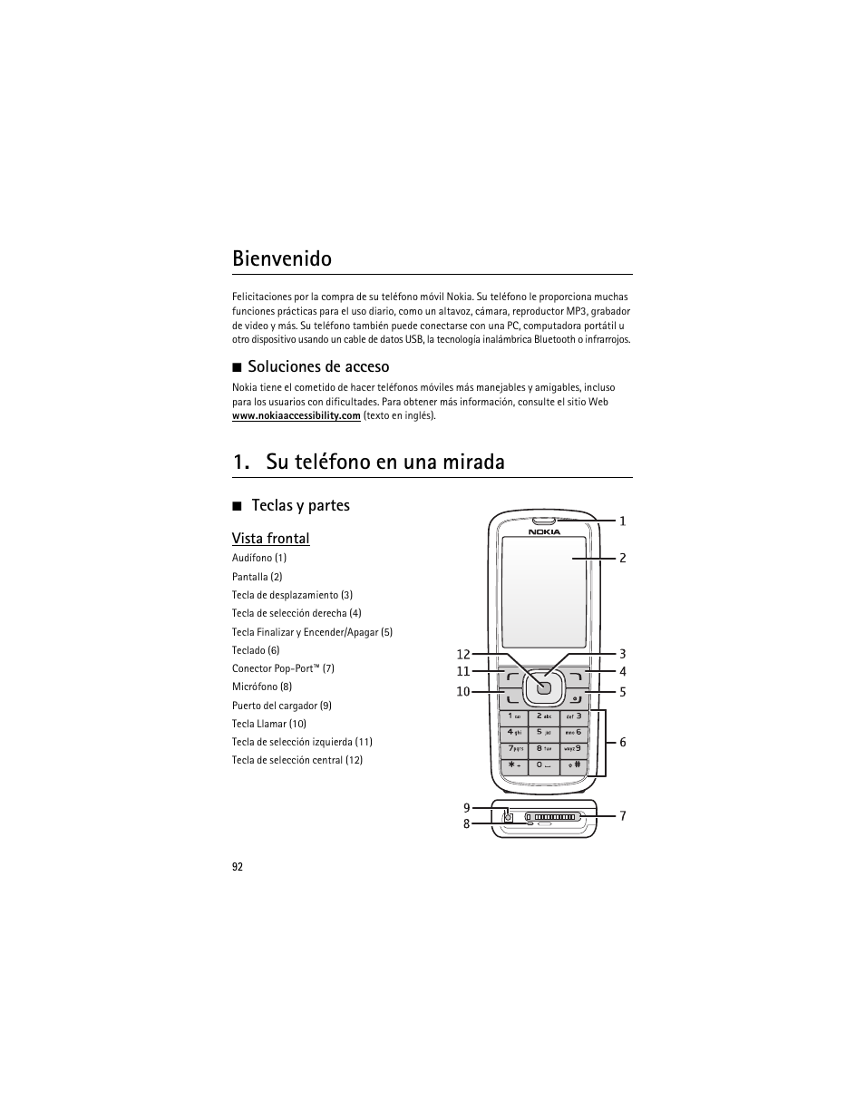 Bienvenido, Su teléfono en una mirada, Soluciones de acceso | Teclas y partes | Nokia 6275i User Manual | Page 125 / 209