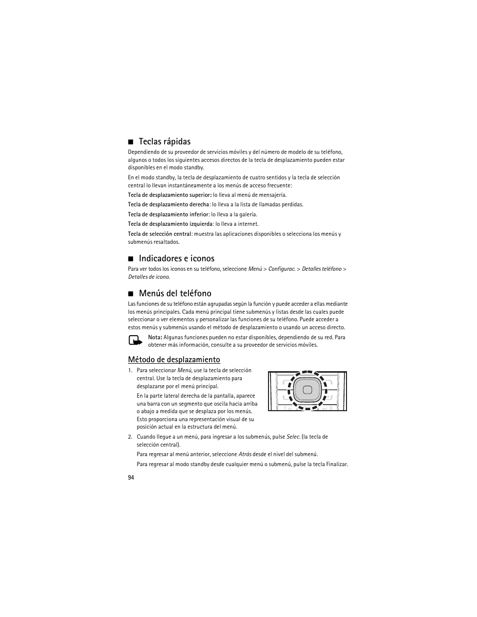 Teclas rápidas, Indicadores e iconos, Menús del teléfono | Método de desplazamiento | Nokia 6275i User Manual | Page 127 / 209