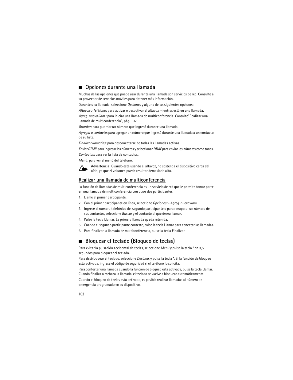 Opciones durante una llamada, Bloquear el teclado (bloqueo de teclas), Realizar una llamada de multiconferencia | Nokia 6275i User Manual | Page 135 / 209