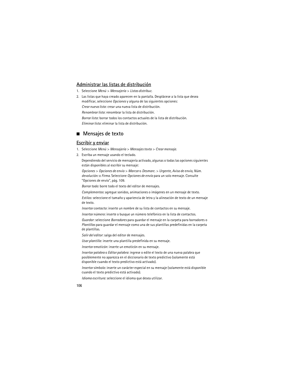 Mensajes de texto, Administrar las listas de distribución, Escribir y enviar | Nokia 6275i User Manual | Page 139 / 209