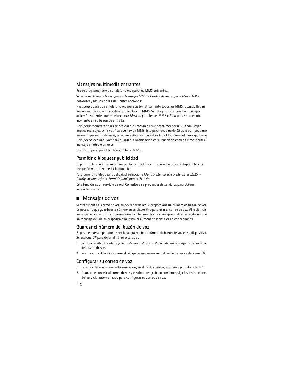 Mensajes de voz, Mensajes multimedia entrantes, Permitir o bloquear publicidad | Guardar el número del buzón de voz, Configurar su correo de voz | Nokia 6275i User Manual | Page 149 / 209