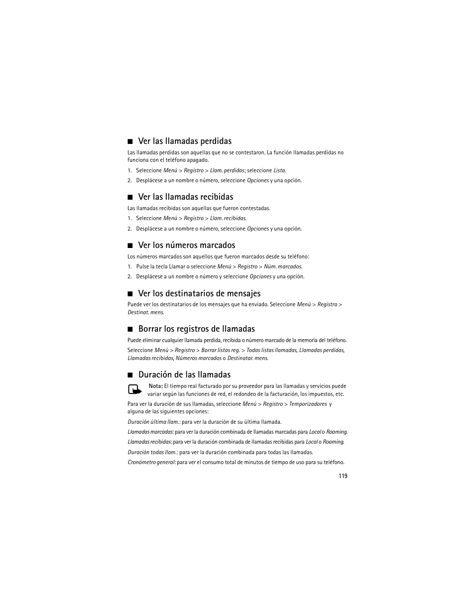 Ver las llamadas perdidas, Ver las llamadas recibidas, Ver los números marcados | Ver los destinatarios de mensajes, Borrar los registros de llamadas, Duración de las llamadas | Nokia 6275i User Manual | Page 152 / 209