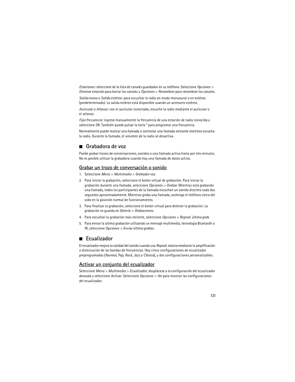 Grabadora de voz, Ecualizador, Grabar un trozo de conversación o sonido | Activar un conjunto del ecualizador | Nokia 6275i User Manual | Page 164 / 209