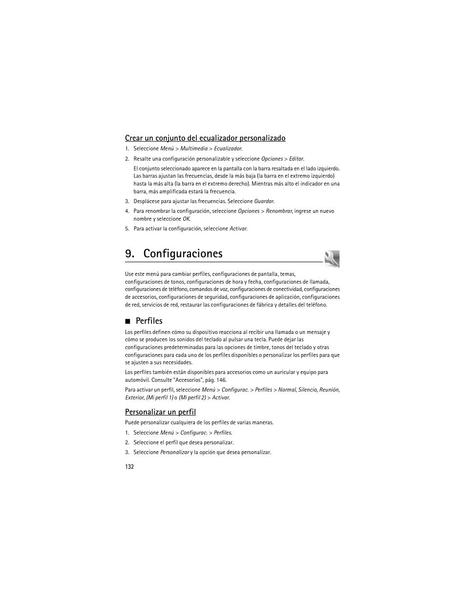 Configuraciones, Perfiles, Crear un conjunto del ecualizador personalizado | Personalizar un perfil | Nokia 6275i User Manual | Page 165 / 209