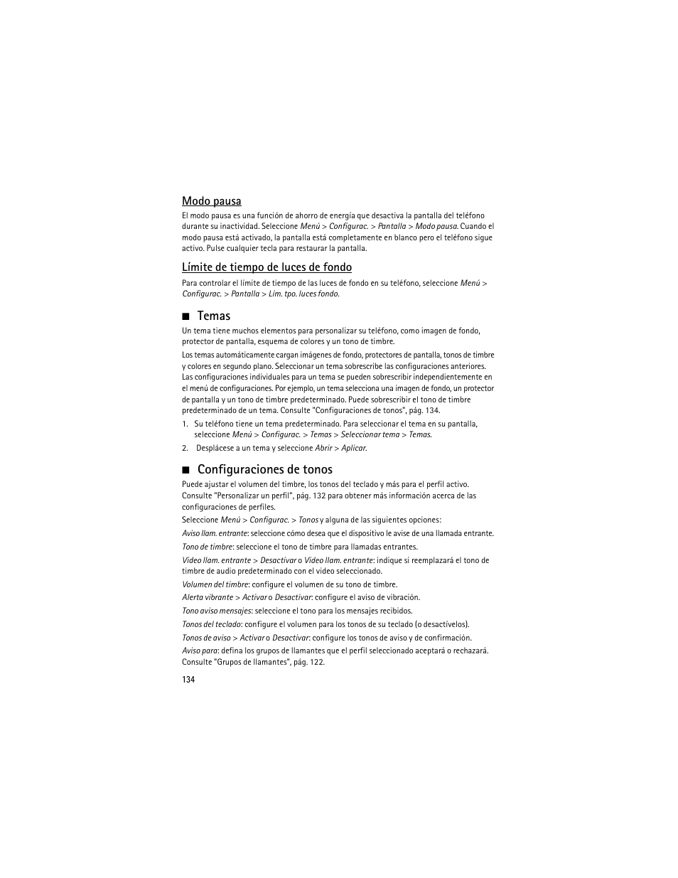 Temas, Configuraciones de tonos, Modo pausa | Límite de tiempo de luces de fondo | Nokia 6275i User Manual | Page 167 / 209