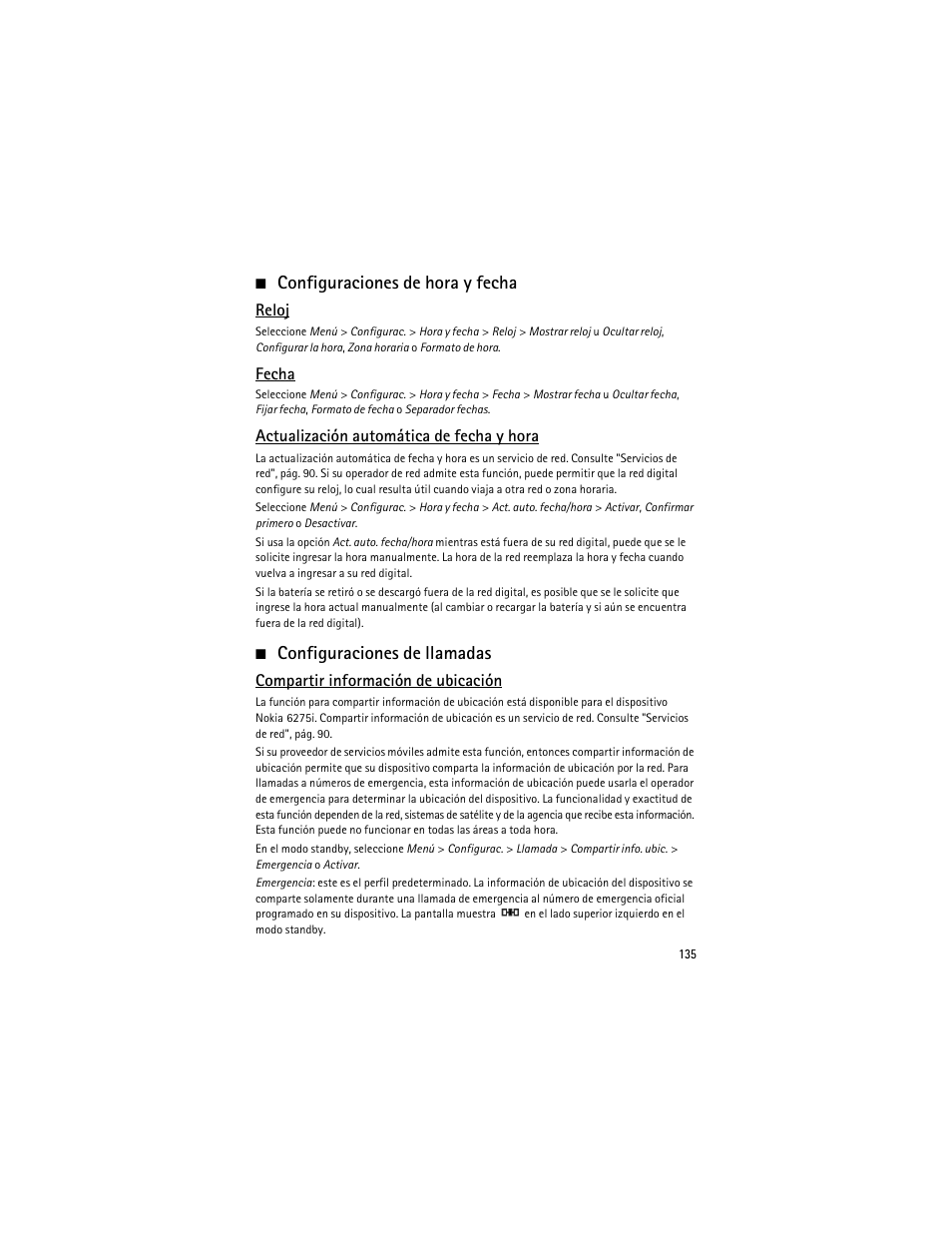 Configuraciones de hora y fecha, Configuraciones de llamadas | Nokia 6275i User Manual | Page 168 / 209