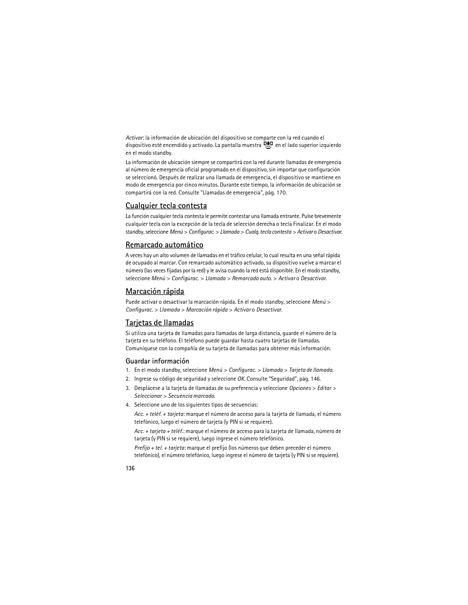 Cualquier tecla contesta, Remarcado automático, Marcación rápida | Tarjetas de llamadas | Nokia 6275i User Manual | Page 169 / 209