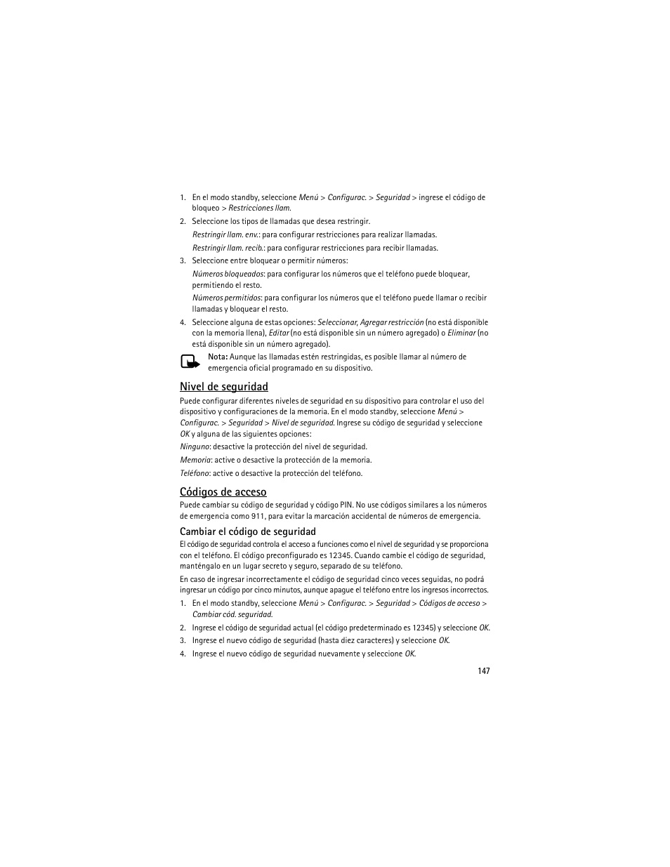 Nivel de seguridad, Códigos de acceso | Nokia 6275i User Manual | Page 180 / 209