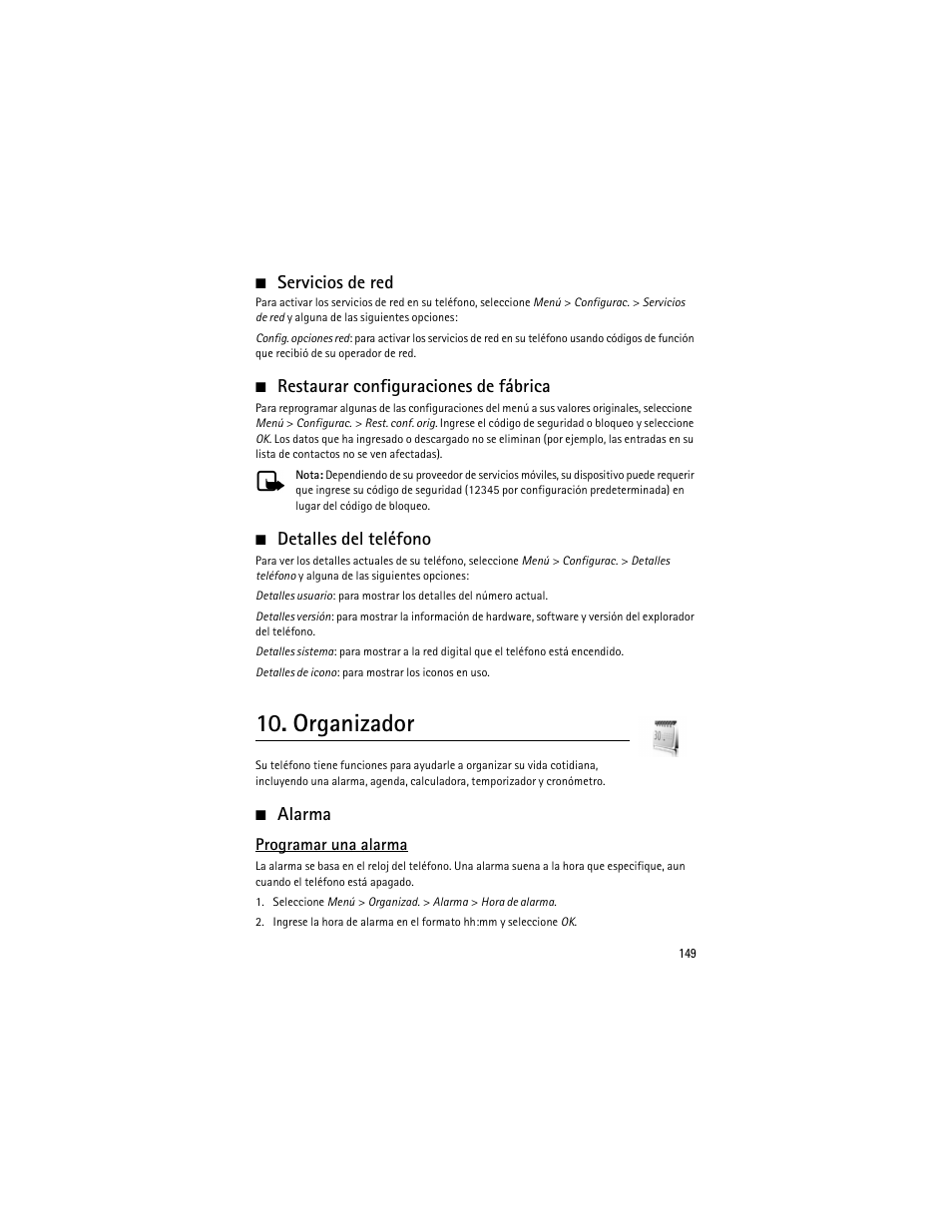 Organizador, Servicios de red, Restaurar configuraciones de fábrica | Detalles del teléfono, Alarma | Nokia 6275i User Manual | Page 182 / 209