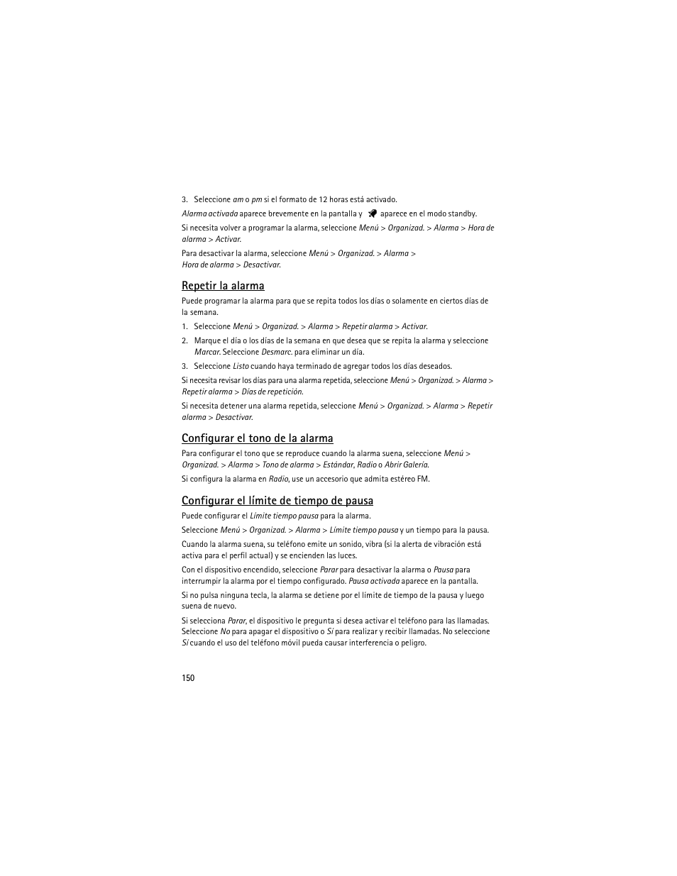 Repetir la alarma, Configurar el tono de la alarma, Configurar el límite de tiempo de pausa | Nokia 6275i User Manual | Page 183 / 209