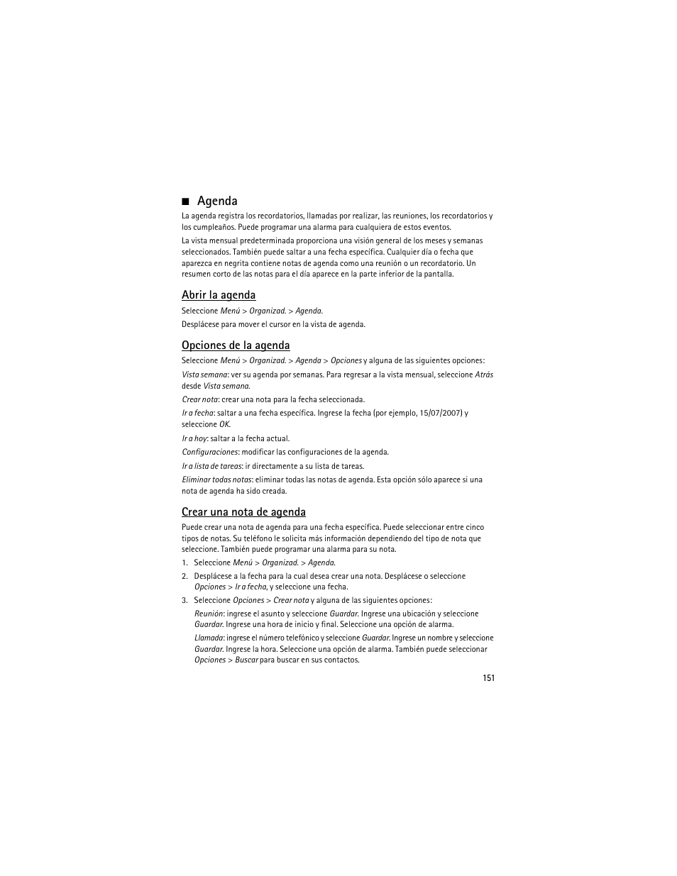 Agenda, Abrir la agenda, Opciones de la agenda | Crear una nota de agenda | Nokia 6275i User Manual | Page 184 / 209