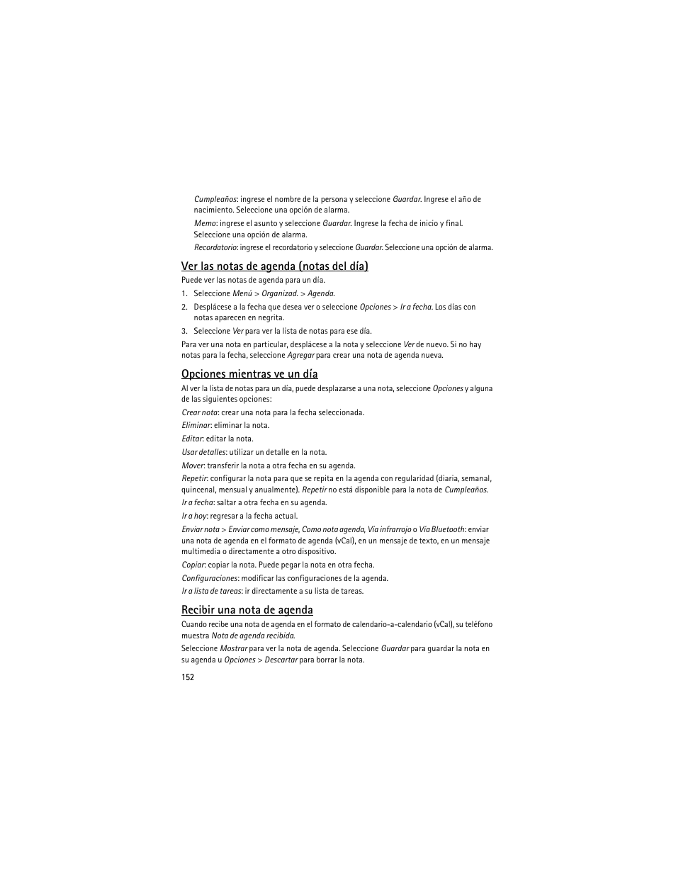 Ver las notas de agenda (notas del día), Opciones mientras ve un día, Recibir una nota de agenda | Nokia 6275i User Manual | Page 185 / 209