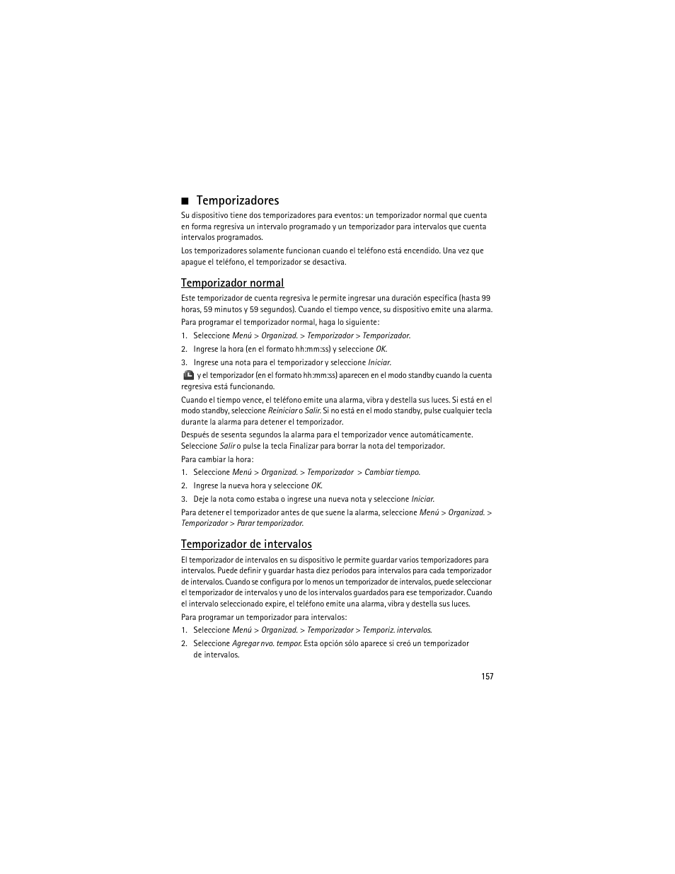 Temporizadores, Temporizador normal, Temporizador de intervalos | Nokia 6275i User Manual | Page 190 / 209