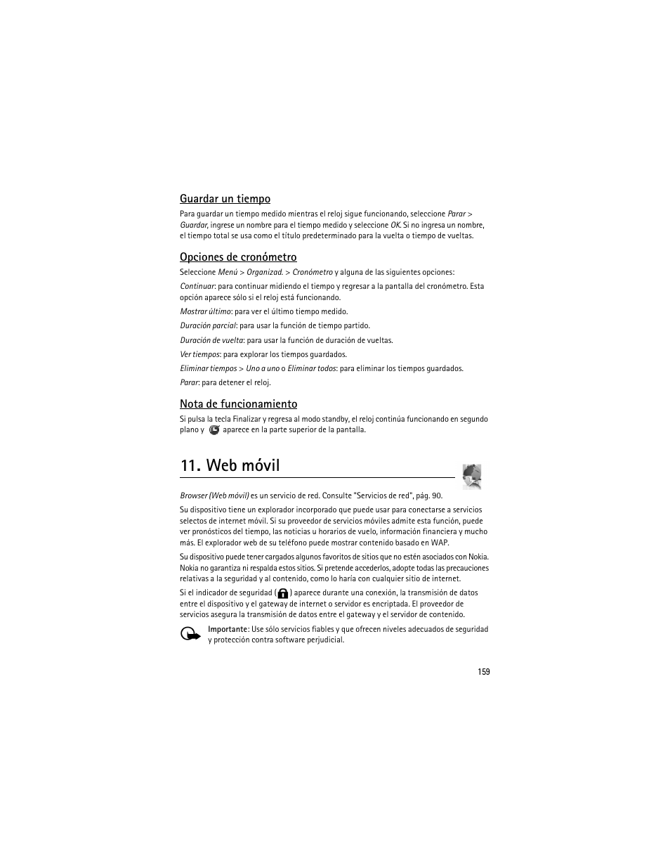 Web móvil, Guardar un tiempo, Opciones de cronómetro | Nota de funcionamiento | Nokia 6275i User Manual | Page 192 / 209