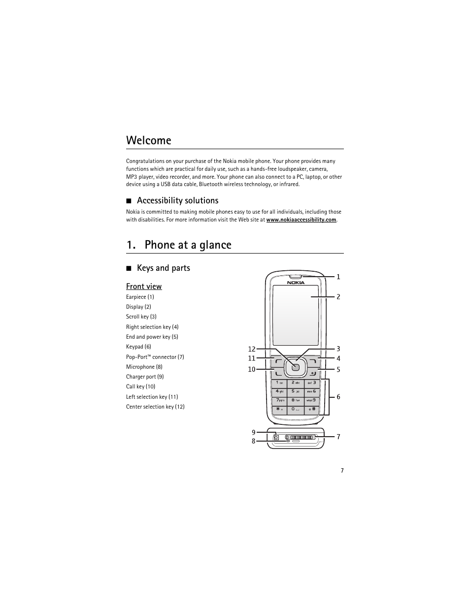 Welcome, Phone at a glance, Accessibility solutions | Keys and parts | Nokia 6275i User Manual | Page 40 / 209