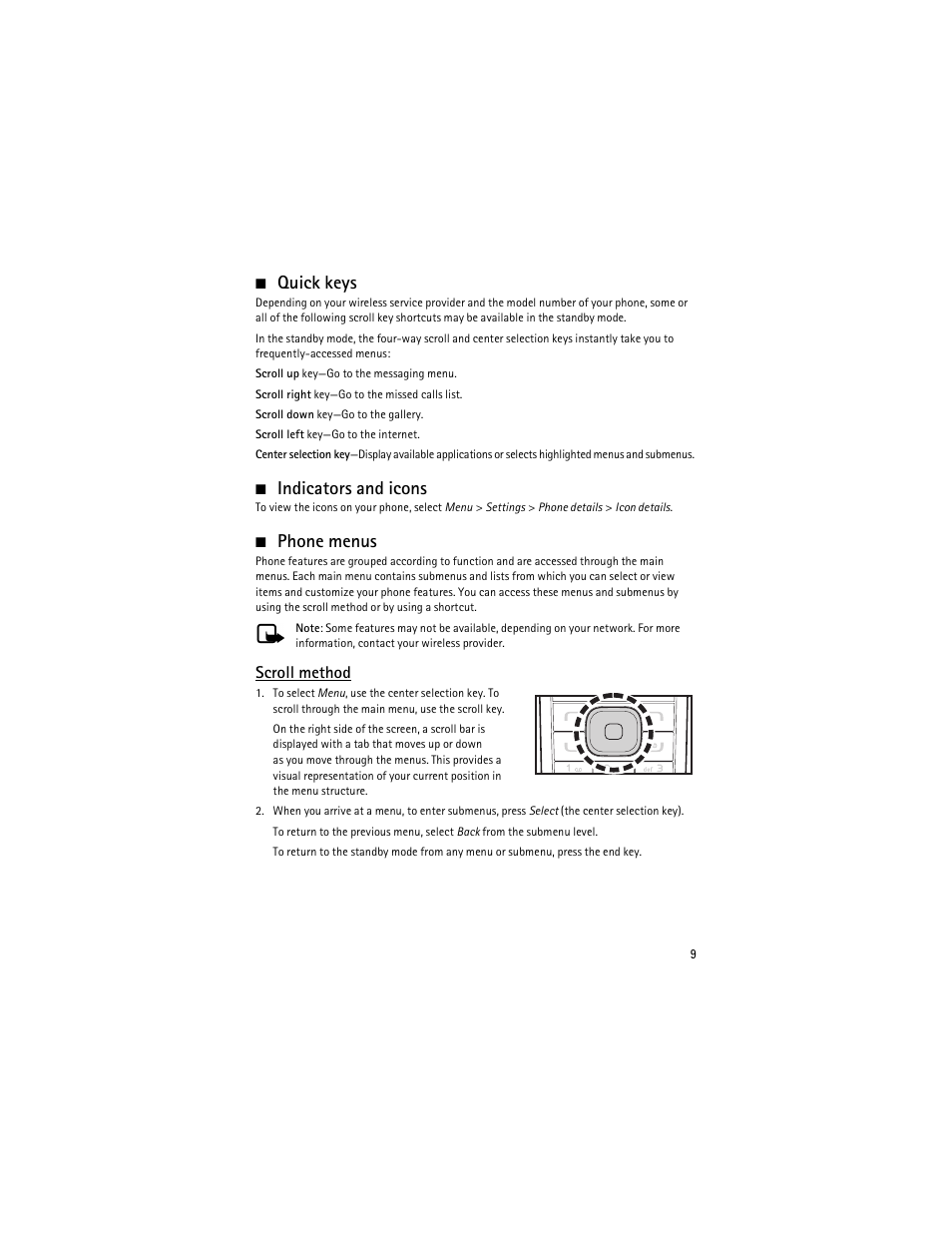 Quick keys, Indicators and icons, Phone menus | Scroll method | Nokia 6275i User Manual | Page 42 / 209