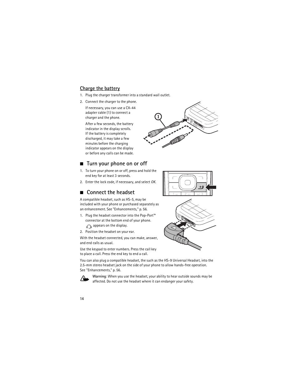 Turn your phone on or off, Connect the headset, Charge the battery | Nokia 6275i User Manual | Page 47 / 209