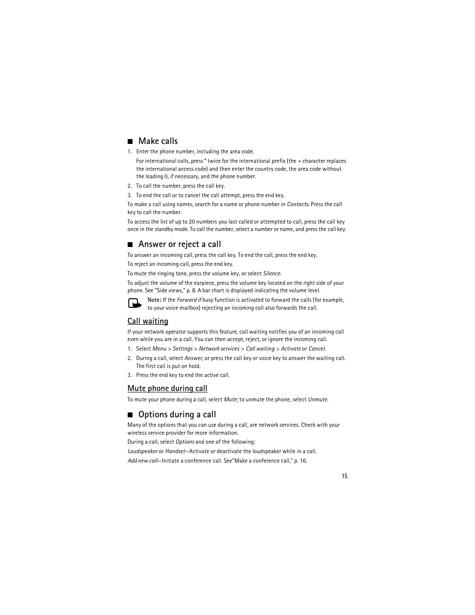 Make calls, Answer or reject a call, Options during a call | Call waiting, Mute phone during call | Nokia 6275i User Manual | Page 48 / 209