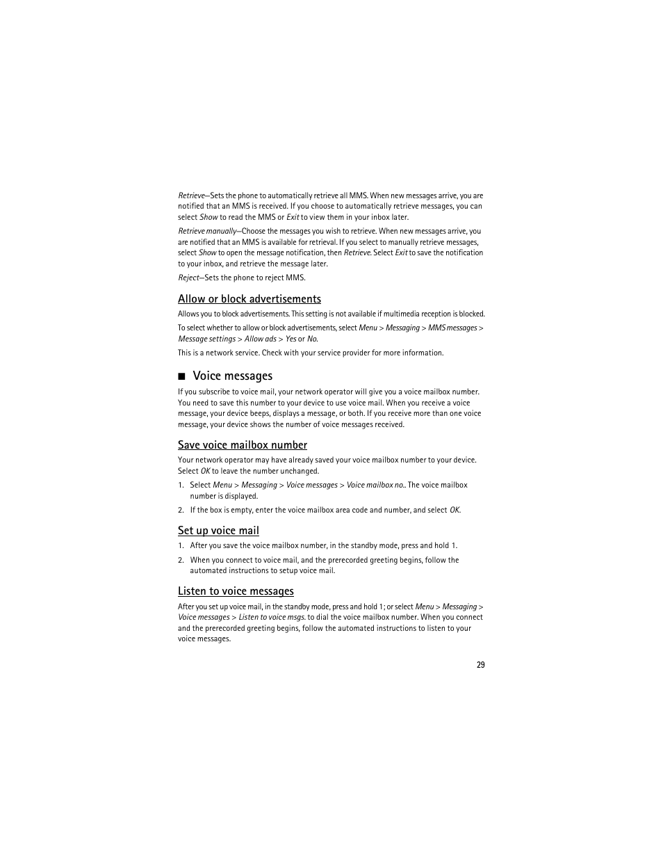 Voice messages, Allow or block advertisements, Save voice mailbox number | Set up voice mail, Listen to voice messages | Nokia 6275i User Manual | Page 62 / 209