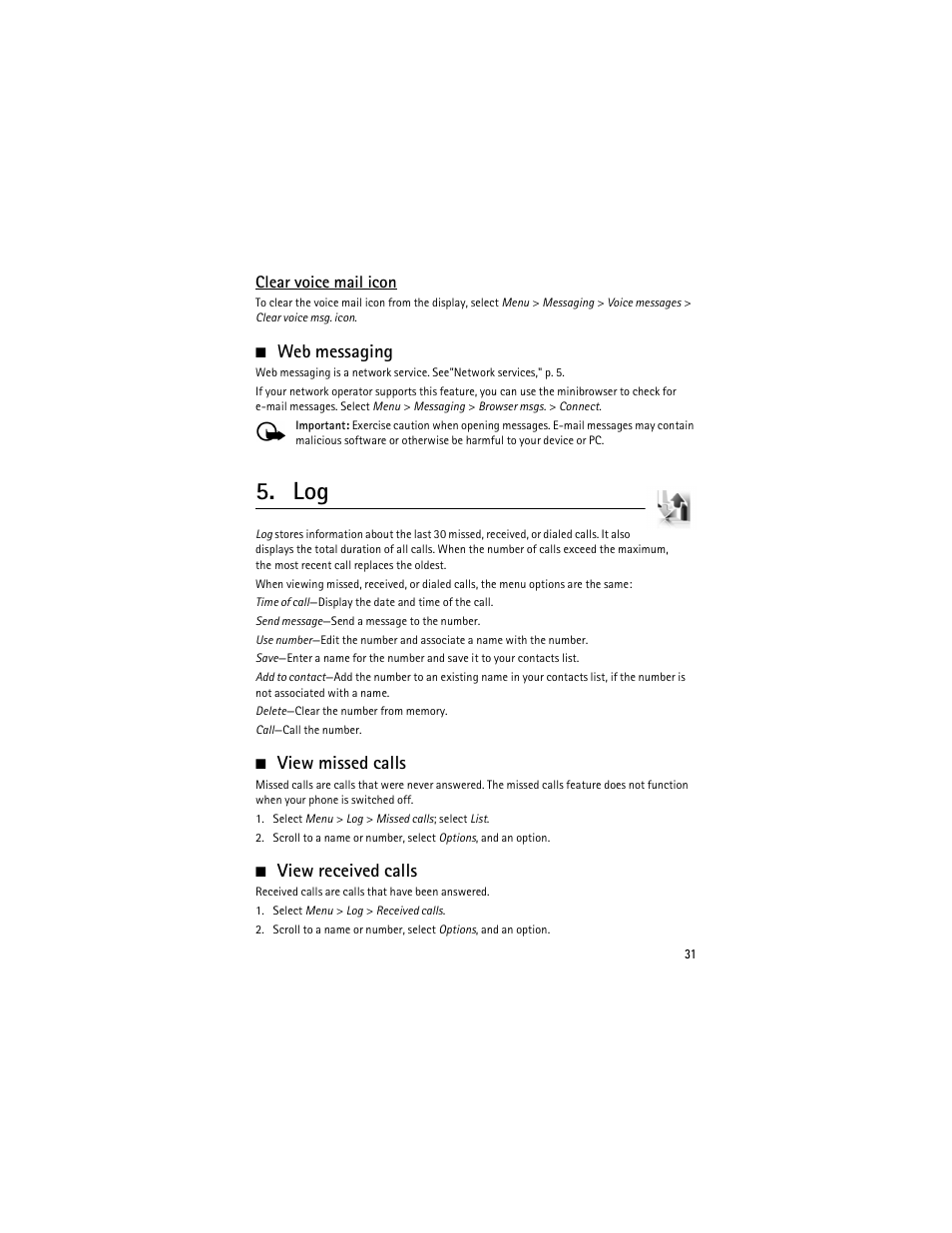 Web messaging, View missed calls, View received calls | Clear voice mail icon | Nokia 6275i User Manual | Page 64 / 209