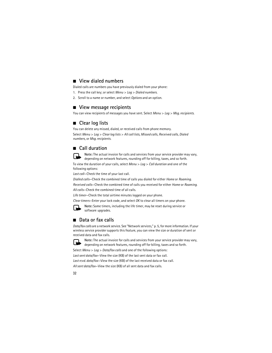 View dialed numbers, View message recipients, Clear log lists | Call duration, Data or fax calls | Nokia 6275i User Manual | Page 65 / 209