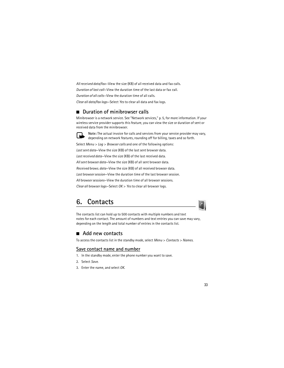 Contacts, Duration of minibrowser calls, Add new contacts | Save contact name and number | Nokia 6275i User Manual | Page 66 / 209