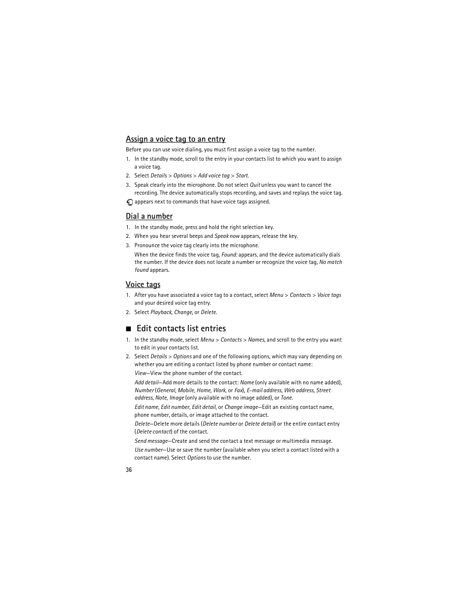 Edit contacts list entries, Assign a voice tag to an entry, Dial a number | Voice tags | Nokia 6275i User Manual | Page 69 / 209