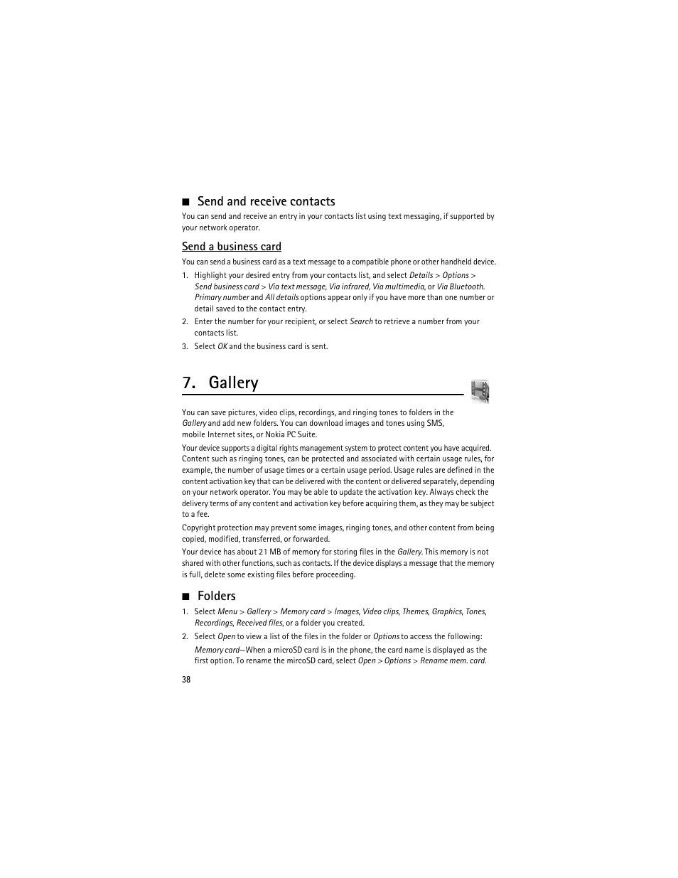 Gallery, Send and receive contacts, Folders | Nokia 6275i User Manual | Page 71 / 209
