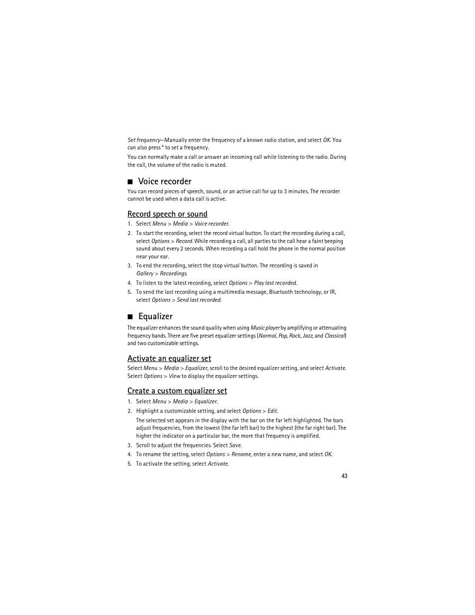 Voice recorder, Equalizer, Record speech or sound | Activate an equalizer set, Create a custom equalizer set | Nokia 6275i User Manual | Page 76 / 209