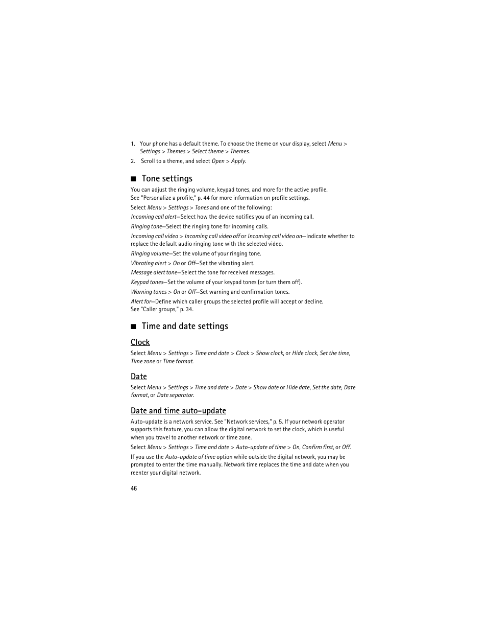 Tone settings, Time and date settings, Clock | Date, Date and time auto-update | Nokia 6275i User Manual | Page 79 / 209