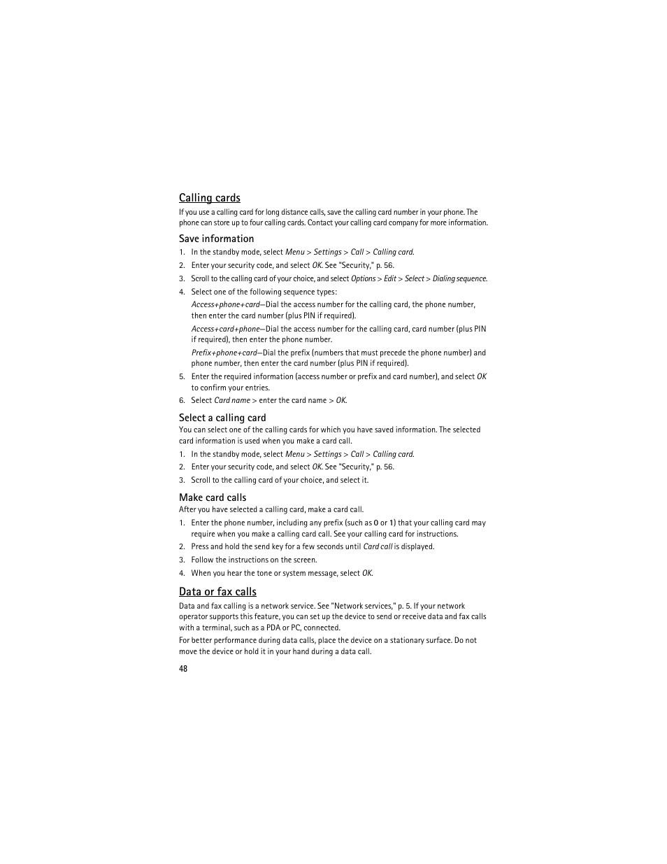 Calling cards, Data or fax calls | Nokia 6275i User Manual | Page 81 / 209