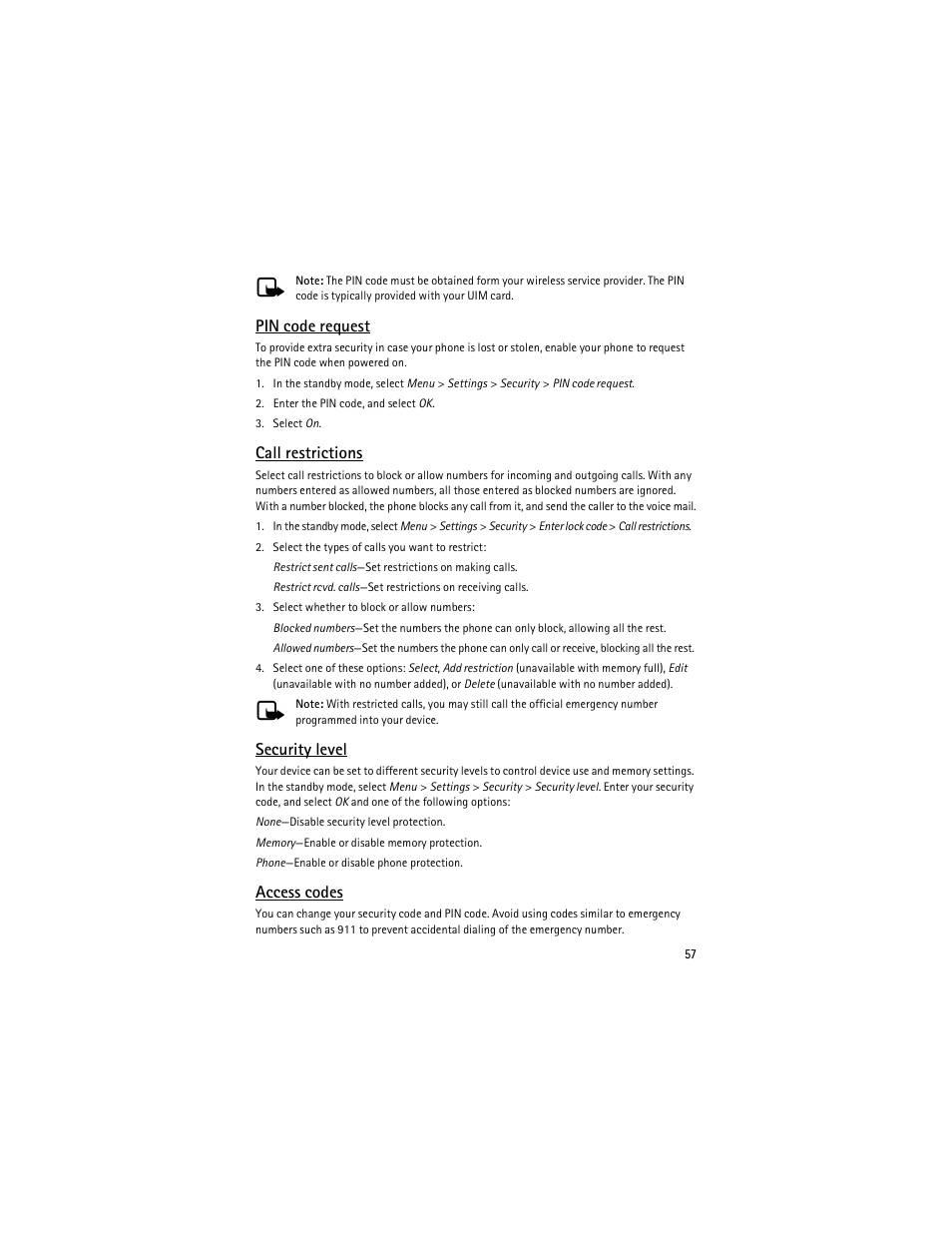 Pin code request, Call restrictions, Security level | Access codes | Nokia 6275i User Manual | Page 90 / 209