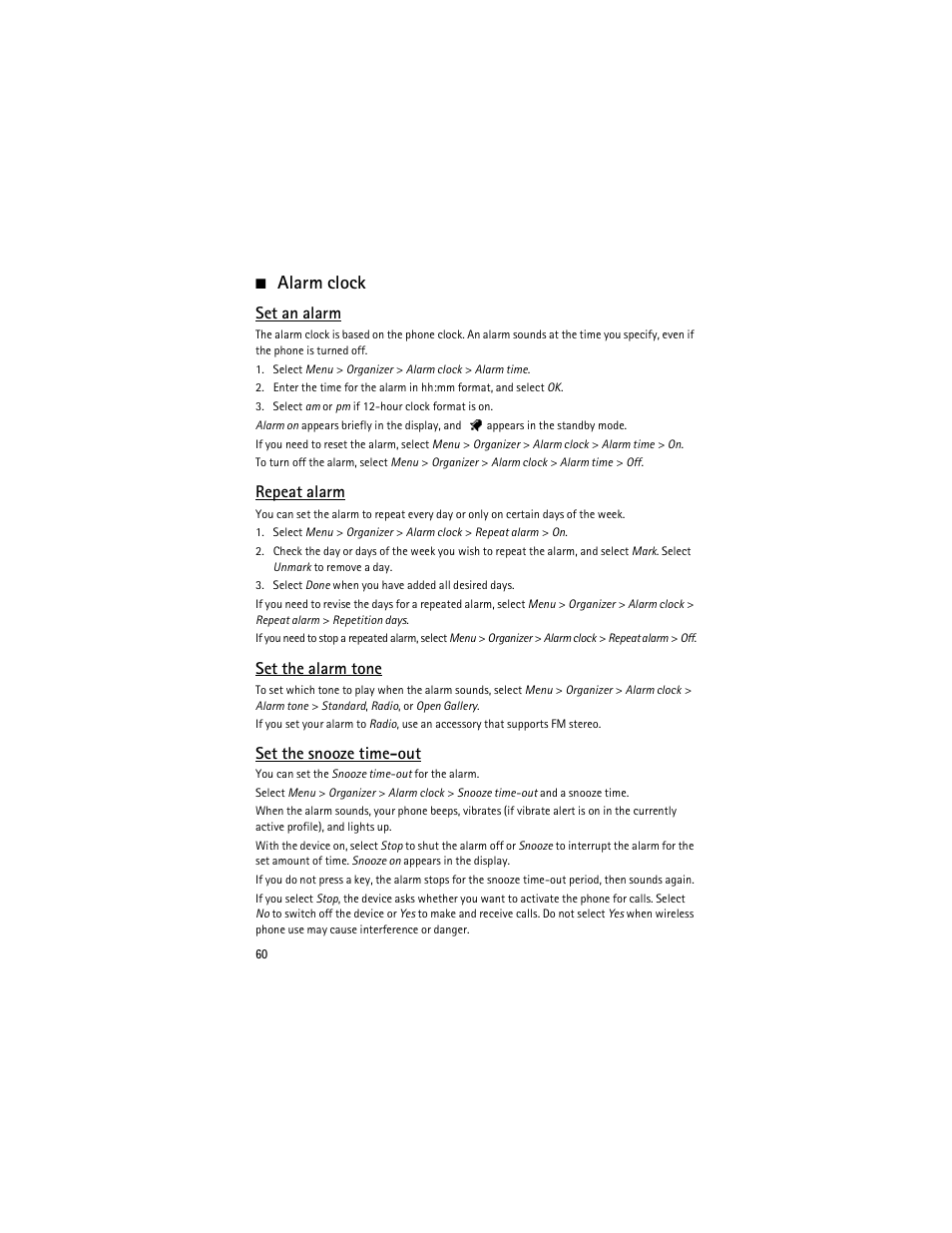 Alarm clock, Set an alarm, Repeat alarm | Set the alarm tone, Set the snooze time-out | Nokia 6275i User Manual | Page 93 / 209