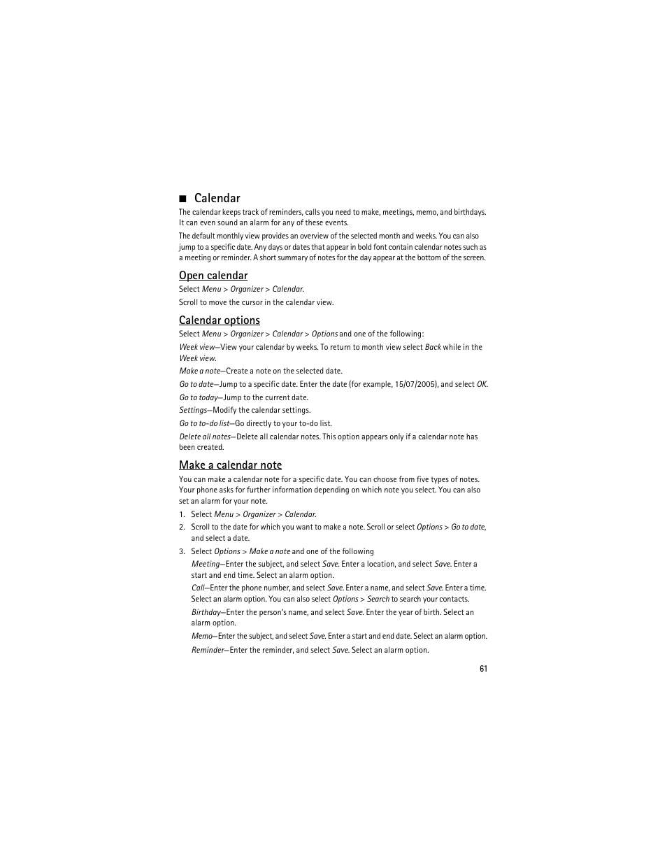 Calendar, Open calendar, Calendar options | Nokia 6275i User Manual | Page 94 / 209