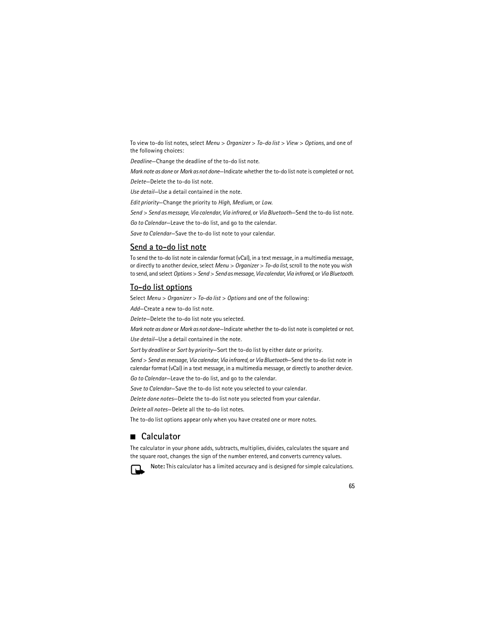 Calculator, To-do list options | Nokia 6275i User Manual | Page 98 / 209