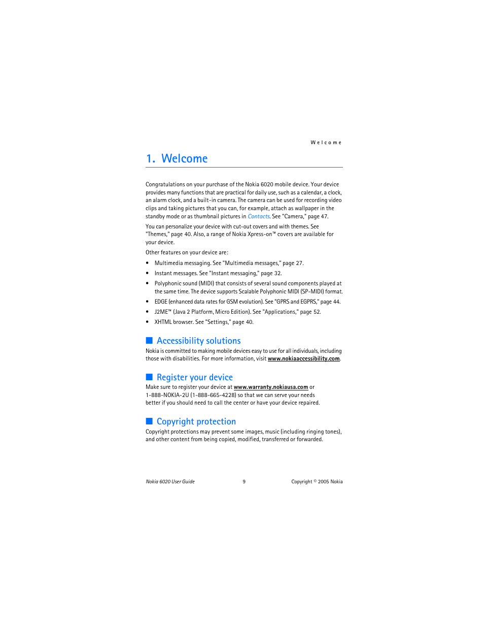 Welcome, Accessibility solutions, Register your device | Copyright protection | Nokia 6020 User Manual | Page 10 / 161