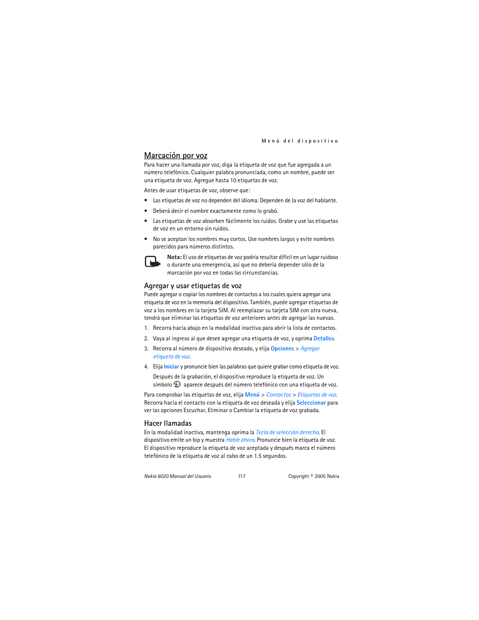 Marcación por voz | Nokia 6020 User Manual | Page 118 / 161