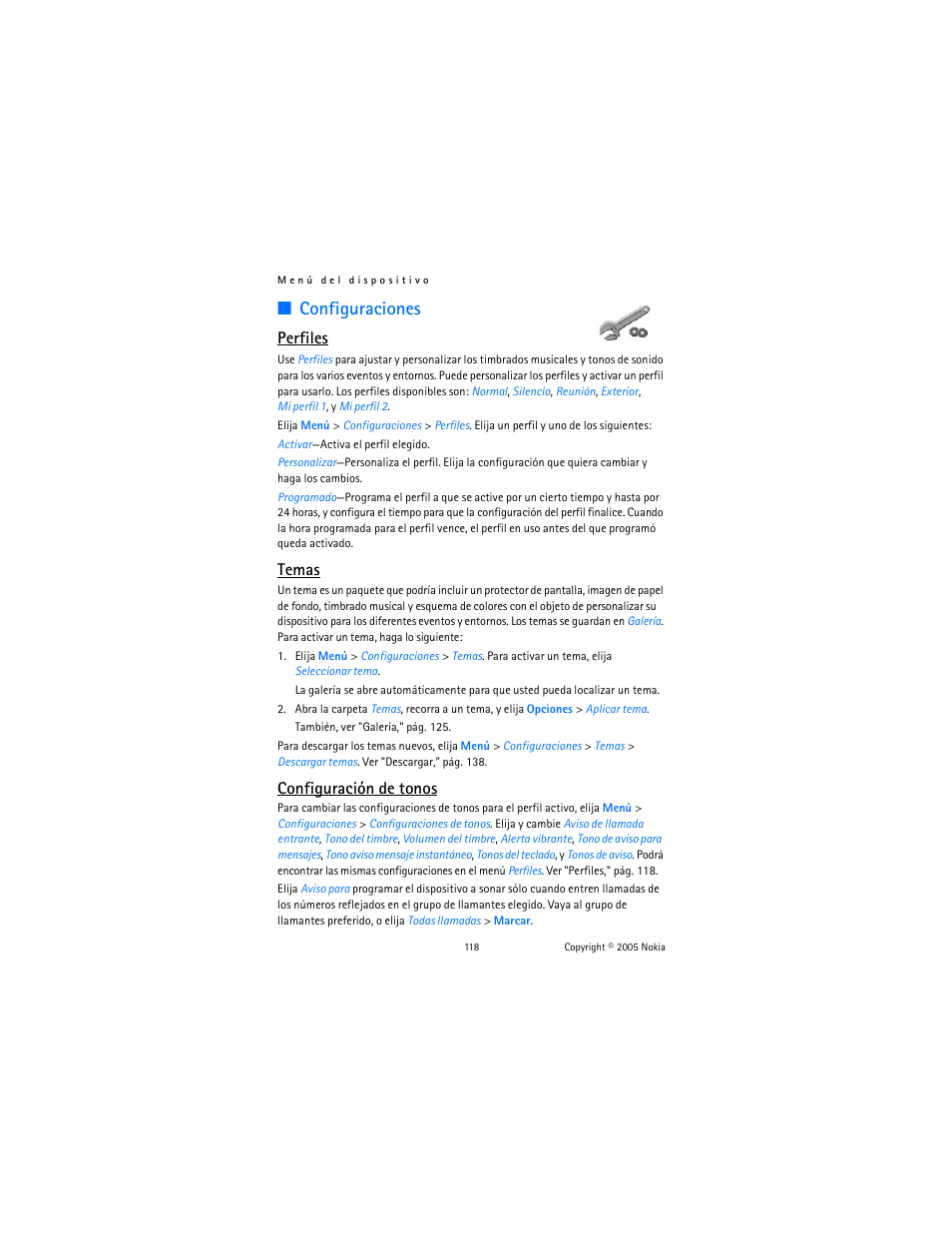 Configuraciones, Temas," pág. 118, R "configuraciones," pág. 118 | Perfiles," pág. 118, Perfiles, Temas, Configuración de tonos | Nokia 6020 User Manual | Page 119 / 161