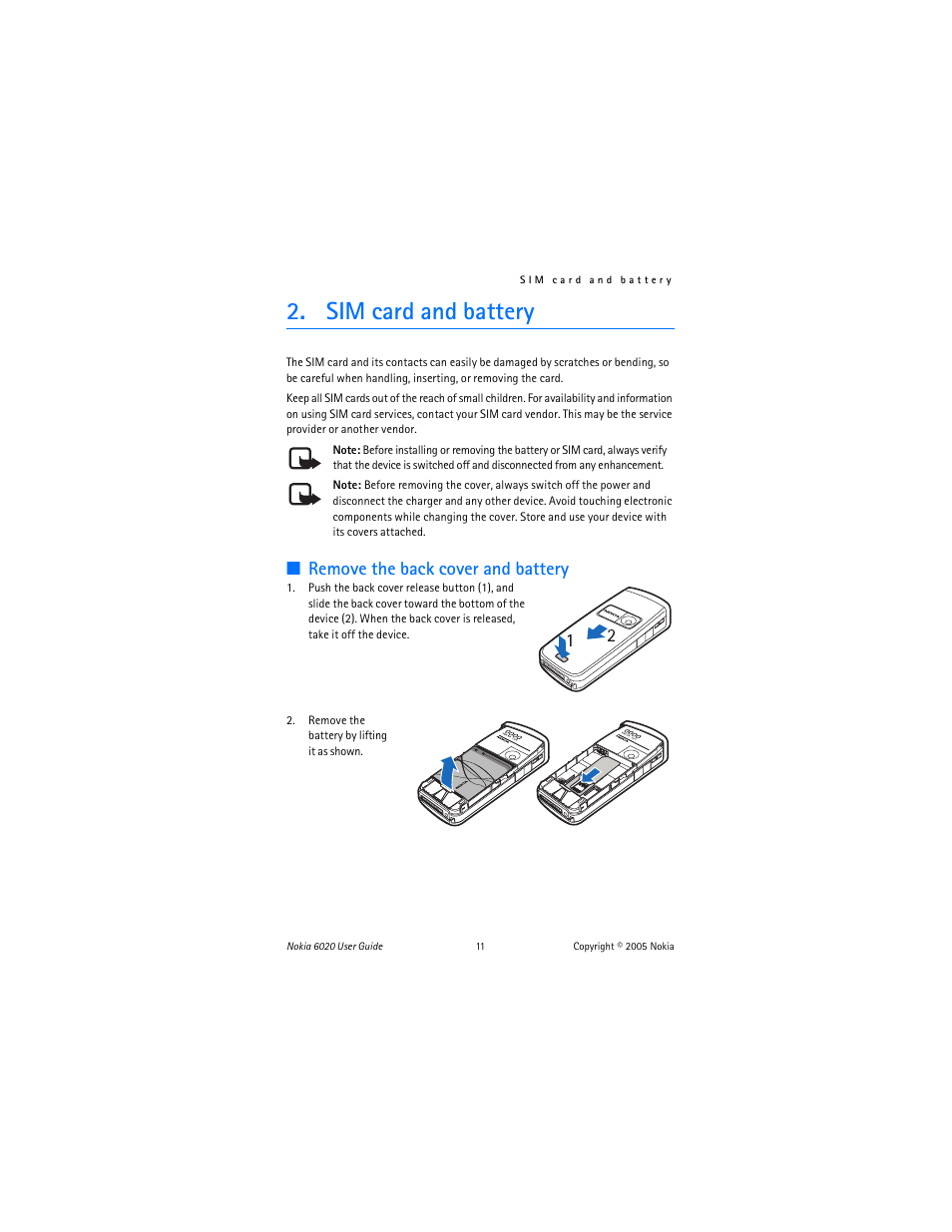 Sim card and battery, Remove the back, Remove the back cover and battery | Nokia 6020 User Manual | Page 12 / 161