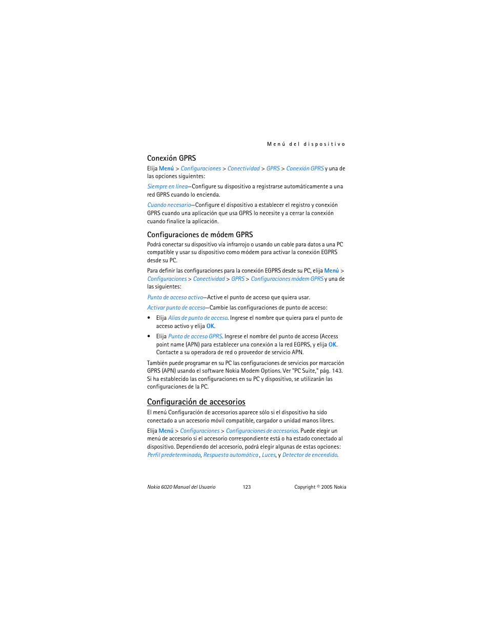 Conexión gprs," pág. 123, Conexión gprs," pág. 123 y, Configuración de accesorios | Nokia 6020 User Manual | Page 124 / 161