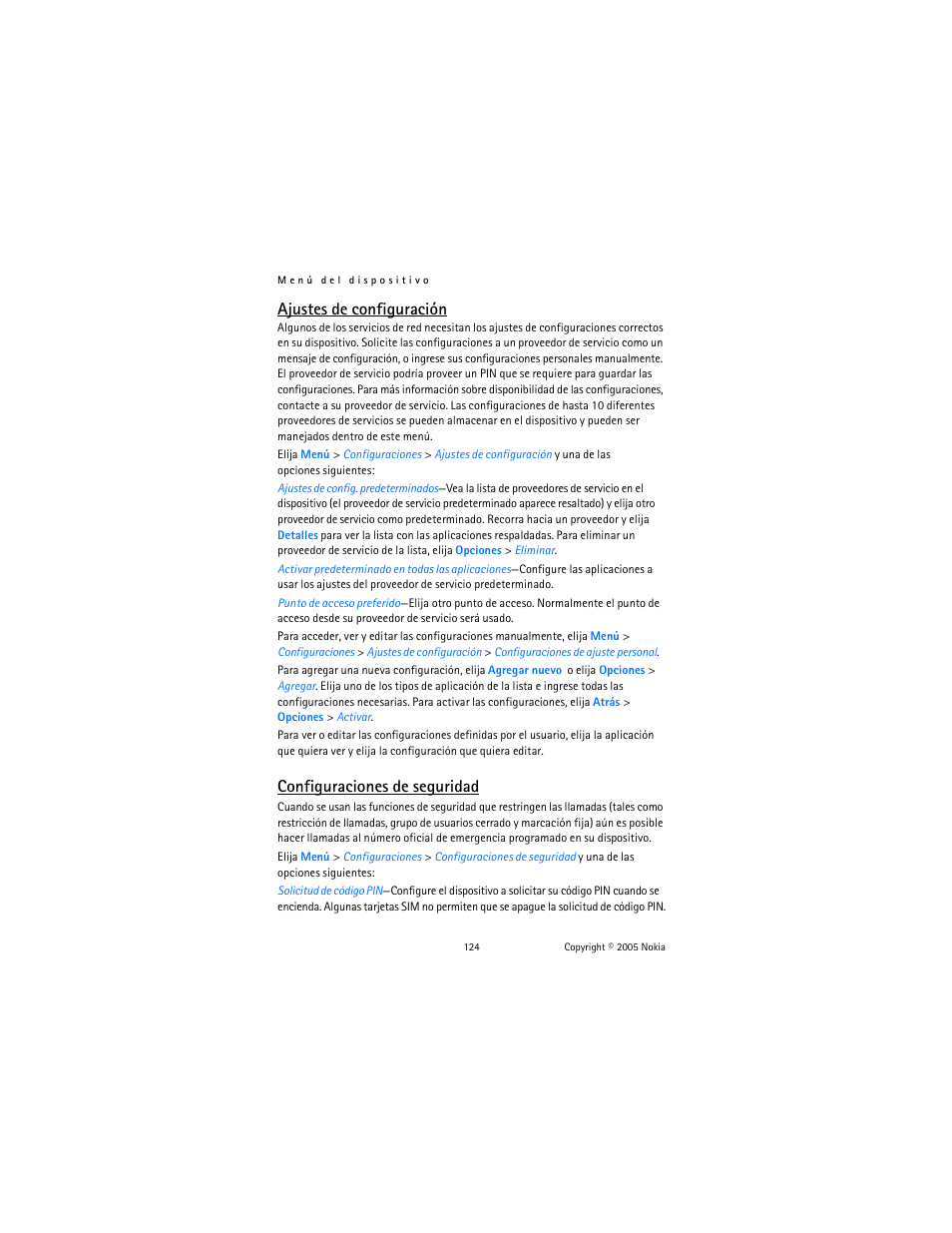 Ajustes de configuración, Configuraciones de seguridad | Nokia 6020 User Manual | Page 125 / 161