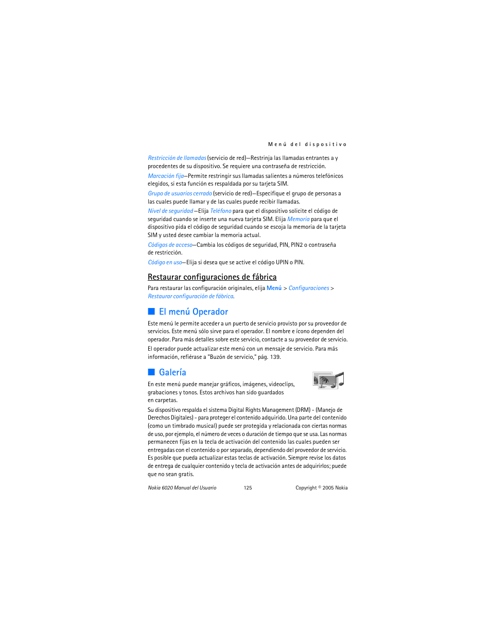 El menú operador, Galería, El menú operador galería | Restaurar configuraciones de fábrica | Nokia 6020 User Manual | Page 126 / 161